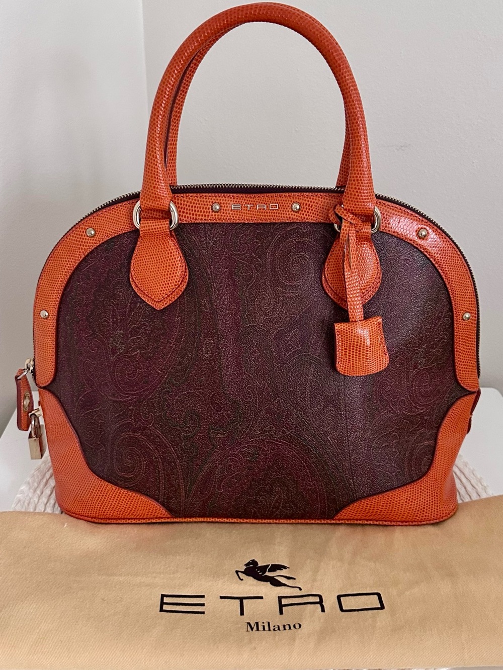 Etro Milano Burgundy Brown Paisley Alma Satchel Handbag with Orange Leather Trim